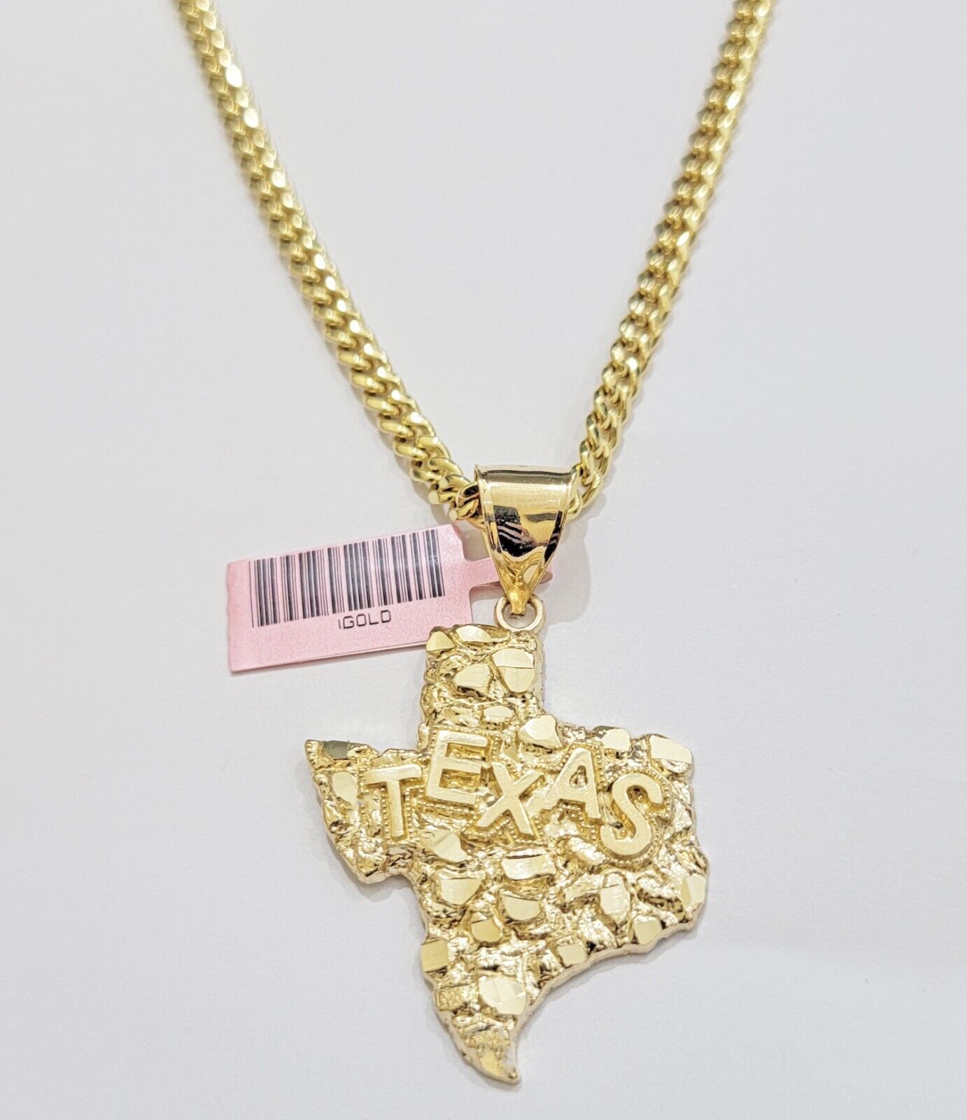 Real 14k Gold Charm Nugget Texas map pendant &14K Miami Cuban Chain Necklace Set - GoldenlinQ